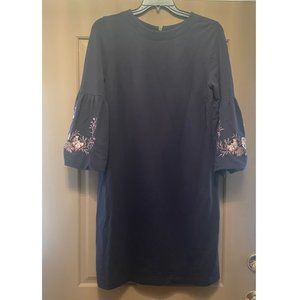 LOFT navy blue dress with embroidered flowers on sleeves size Large